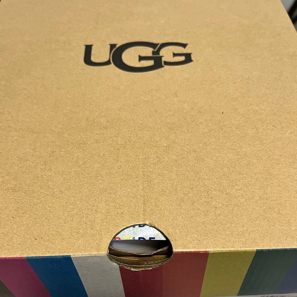 UGG AUTHENTIC FLUFF YEAH CALI PRIDE COLLAGE RAINBOW STRIPES SLIDES - Picture 15 of 17